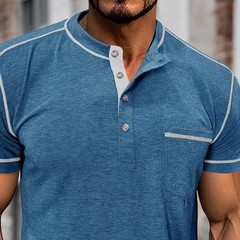 Men Short Sleeve Solid Half Open Collar T-shirt Button Pullover Casual Tee