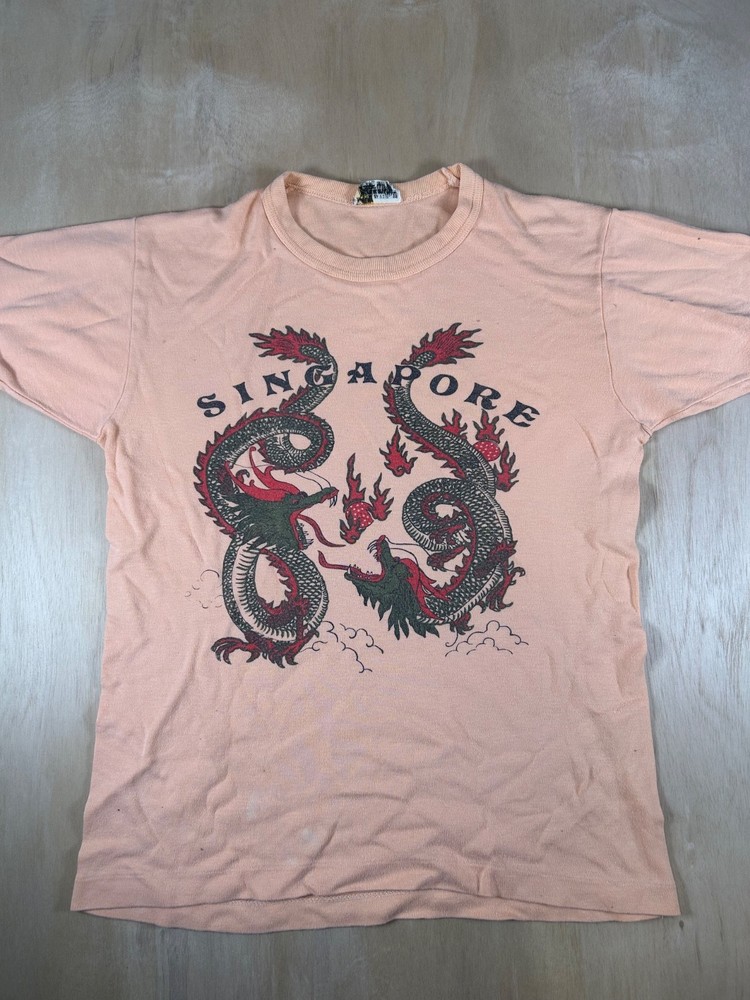 Vintage 60s 70s Singapore Souvenir Shirt Size 36 S Dragon Graphic Ringer Asia