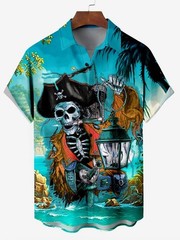 Mens Button Down Blue Pirate Skull Lantern Hawaiian Top Novelty Summer Shirt
