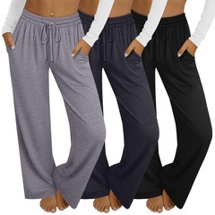 3 Pack Women’s Wide Leg Yoga Pants, Casual Drawstring Sweatpants Elastic Wais…