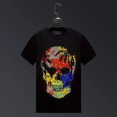 New Fashion Trend Skull Rhinestone Short Sleeve Luxury Men Black White T-Shirt