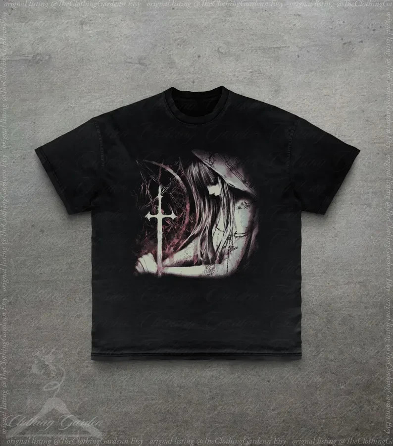 Gothic Cross Graphic Tee, Vintage Style Emo Dark Art T-Shirt for Women Men