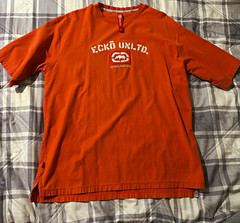 Ecko Unltd. Men’s Orange Graphic Print Embroidered Logo Crew Neck T-Shirt XL