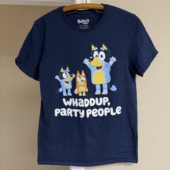 Bluey Shirt Mens M Whaddup, Party People Navy Blue Graphic Tee Bandit Bingo EUC