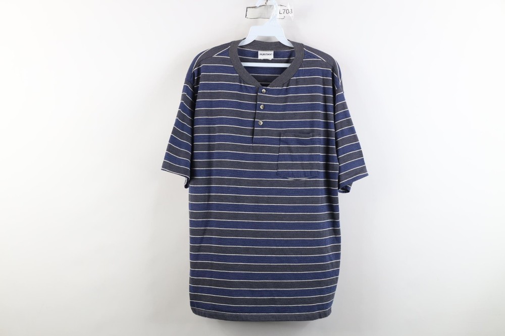 Vtg 90s Streetwear Mens Large Faded Striped Color Block Knit Henley T-Shirt USA