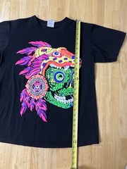 AZTEC SKULL T SHIRT ART TEE Front Back Hits Unique LARGE Neon Black Vision See