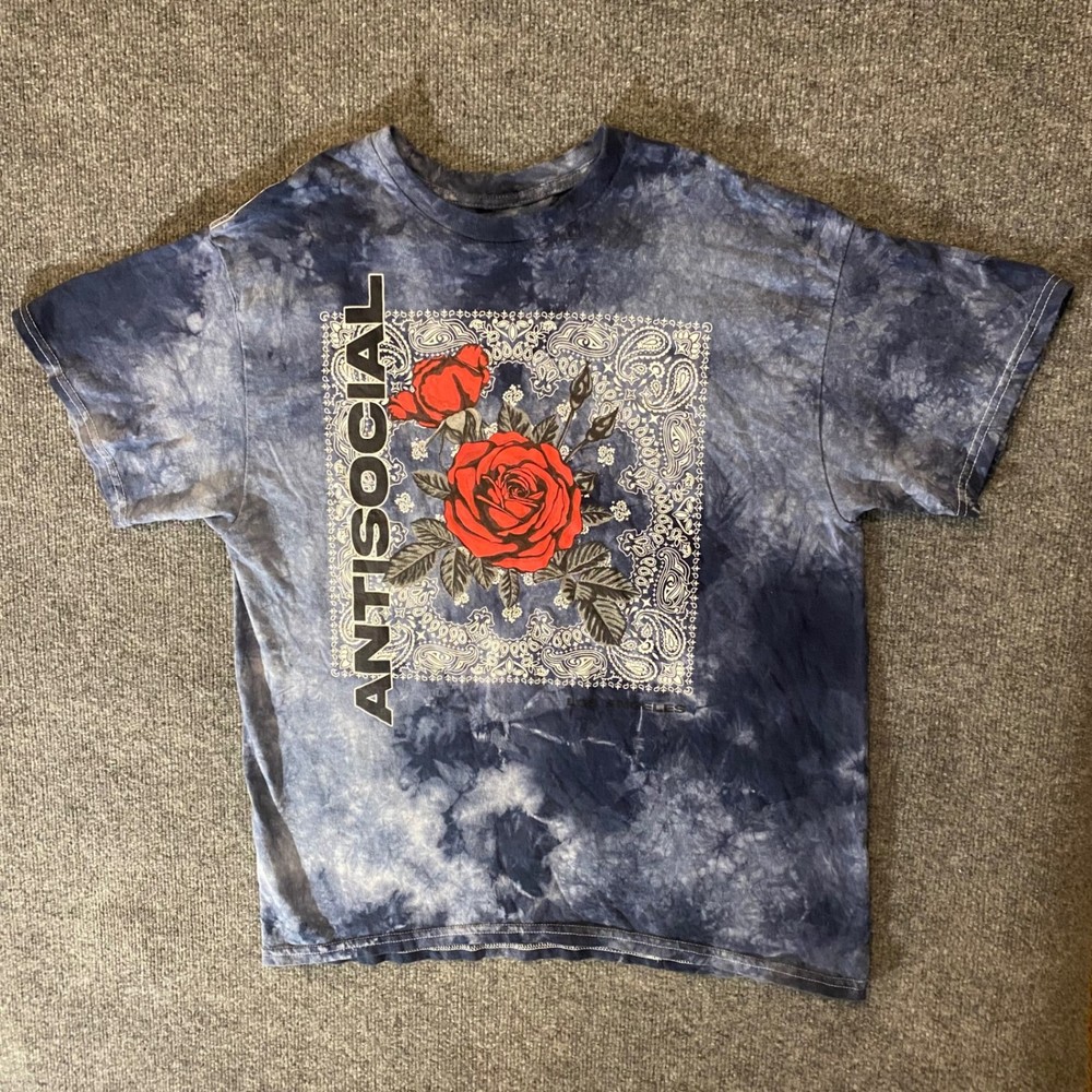 Popular Poison Shirt Mens L Tie Dye Antisocial Rose Graphic Blue Bandana Print