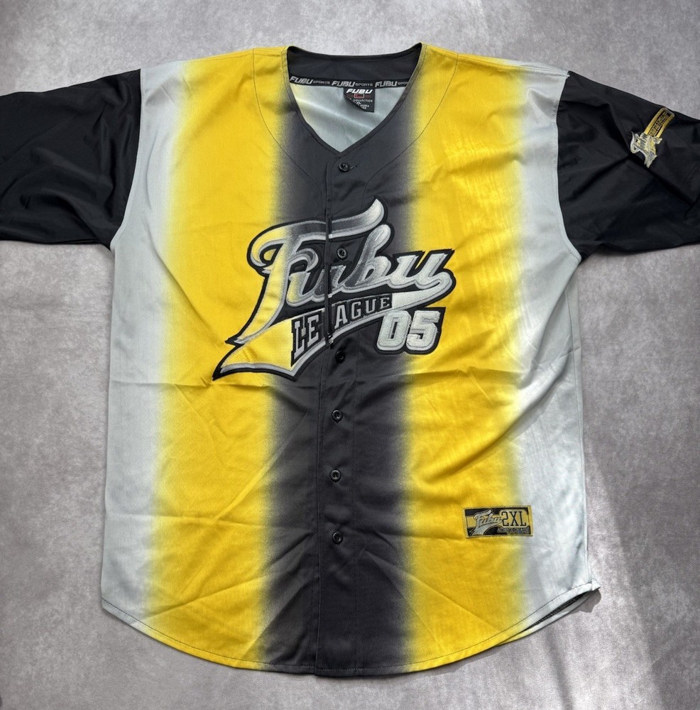 VTG 90’s Fubu League Men’s Sz XL Baseball Jersey Shirt Black Yellow Embroidered