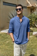 Men’s Cotton Hemp Long Sleeve Casual Beach Henley Shirt(DENIMN BLUE,L)