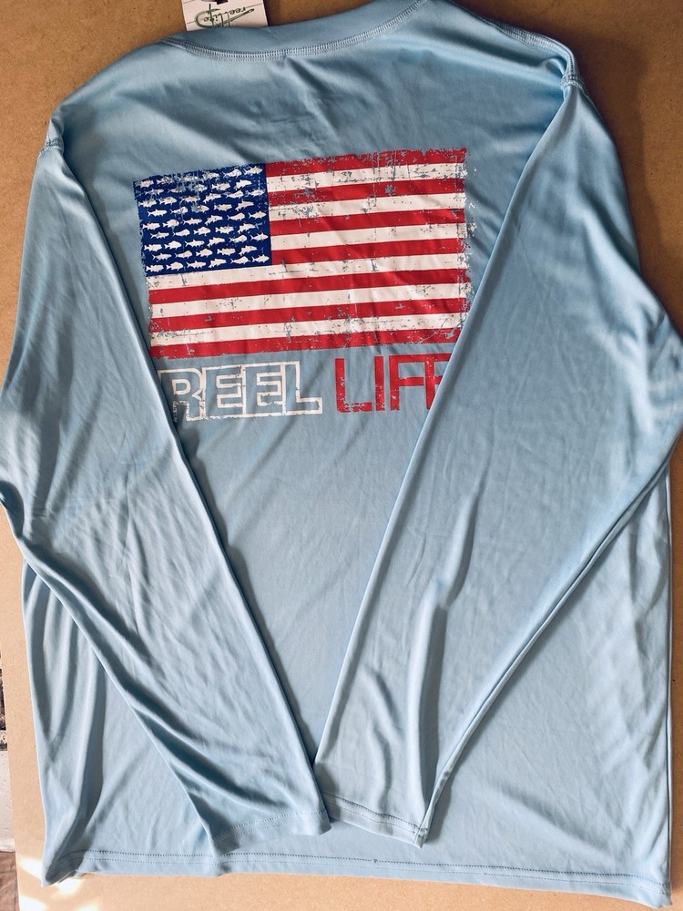 NWT Reel Life UPF 50 Sun Ray Defender L Blue Flag Patriotic Freedom USA Shirt