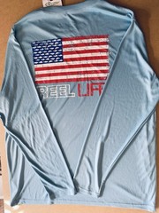 NWT Reel Life UPF 50 Sun Ray Defender L Blue Flag Patriotic Freedom USA Shirt