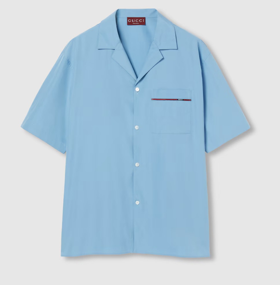 NWT Gucci Web Trim Cotton Poplin Camp Collar Shirt Light Blue IT 48 Authentic