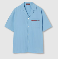 NWT Gucci Web Trim Cotton Poplin Camp Collar Shirt Light Blue IT 48 Authentic