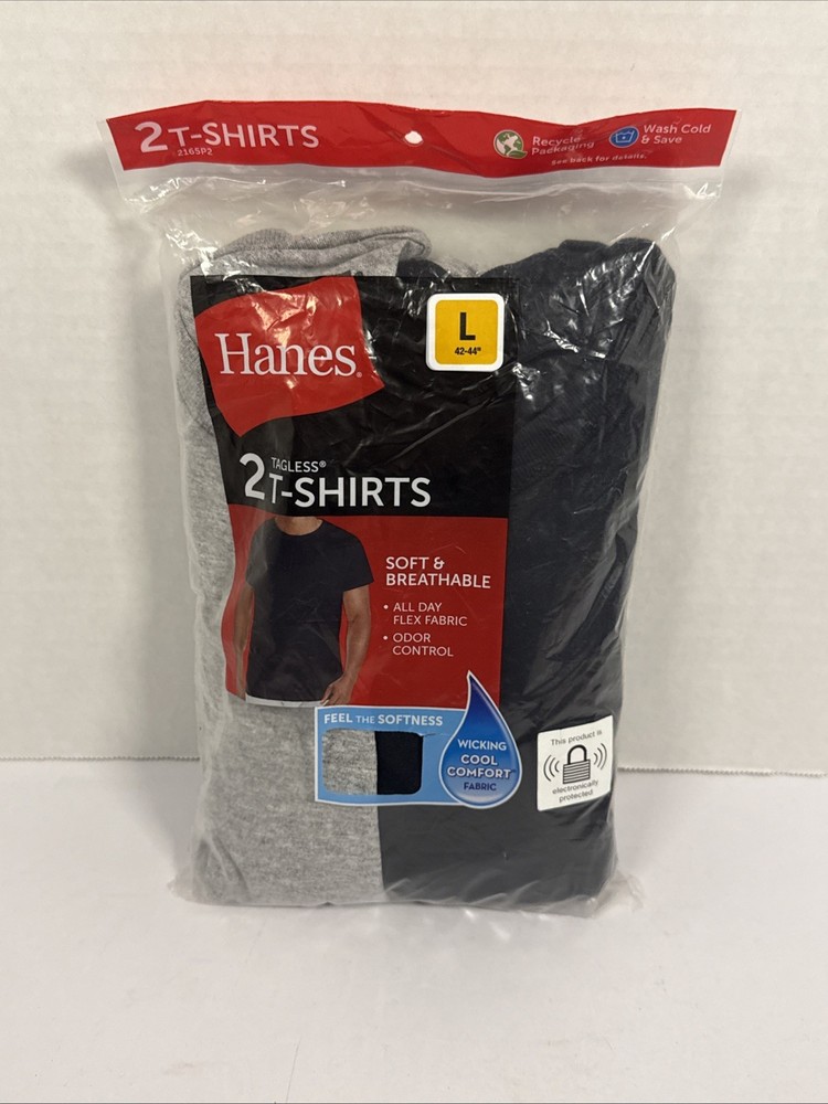 Hanes Color T-shirts Large 42-44 Black-Grey 2-pac Cotton Poly Machine Wash