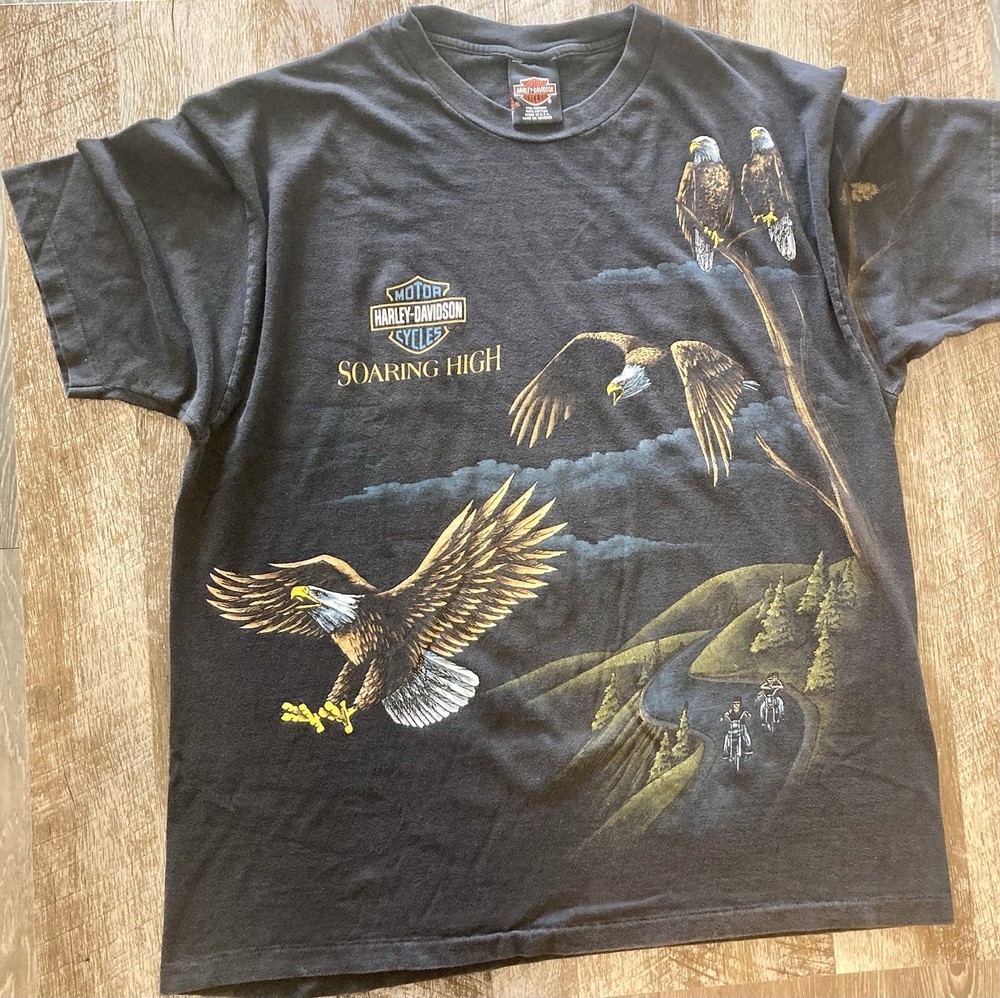 VTG 90s Harley Davidson Eagle AOP Shirt Rare Size XL Black Faded Single Stitch