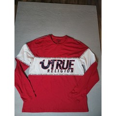 True Religion Mens Long Sleeve T-Shirt Red White Colorblock Logo Graphic Large