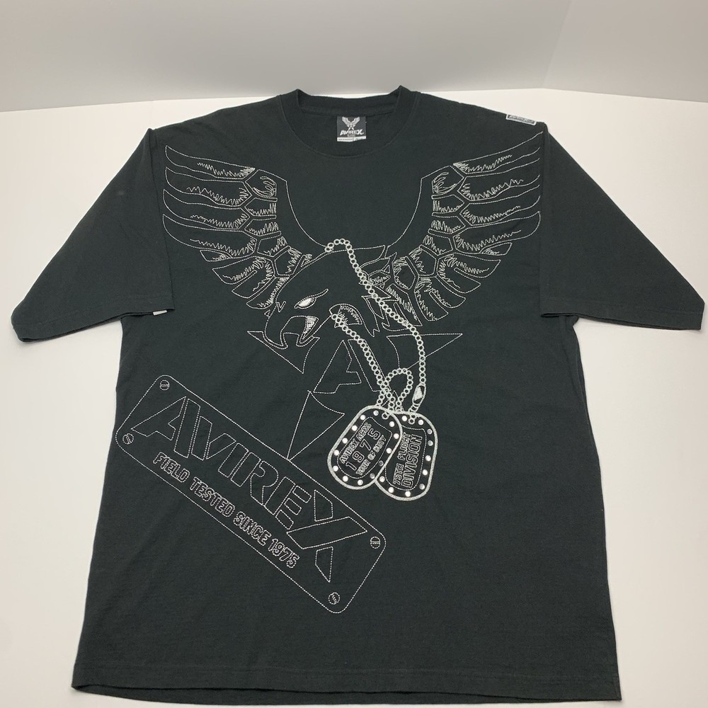 Vintage Avirex T-Shirt Y2k Eagle Dog Tag Black Oversized Tee Mens Size 3XL