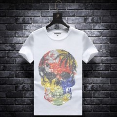 New Fashion Trend Skull Rhinestone Short Sleeve Luxury Men Black White T-Shirt