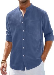 Men’s Linen Button Down Shirt Long Sleeve Band Collar Casual Beach Top
