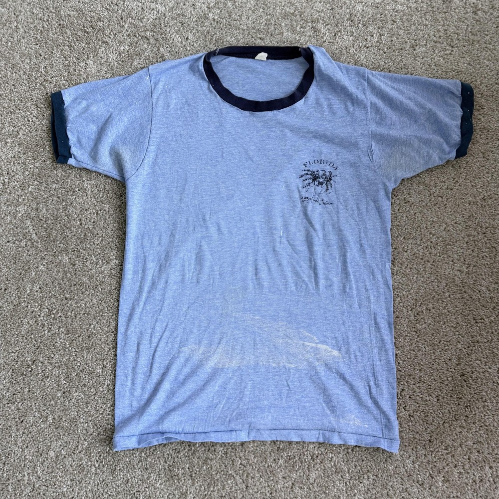 Vintage 70s 80s Florida Palm Trees Shirt Mens Med Blue Ringer Tee Beach Tropical