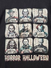 Horror Halloween T-Shirt, Movie Villains Mugshot Tee, Freddy Jason Pennywise LRG