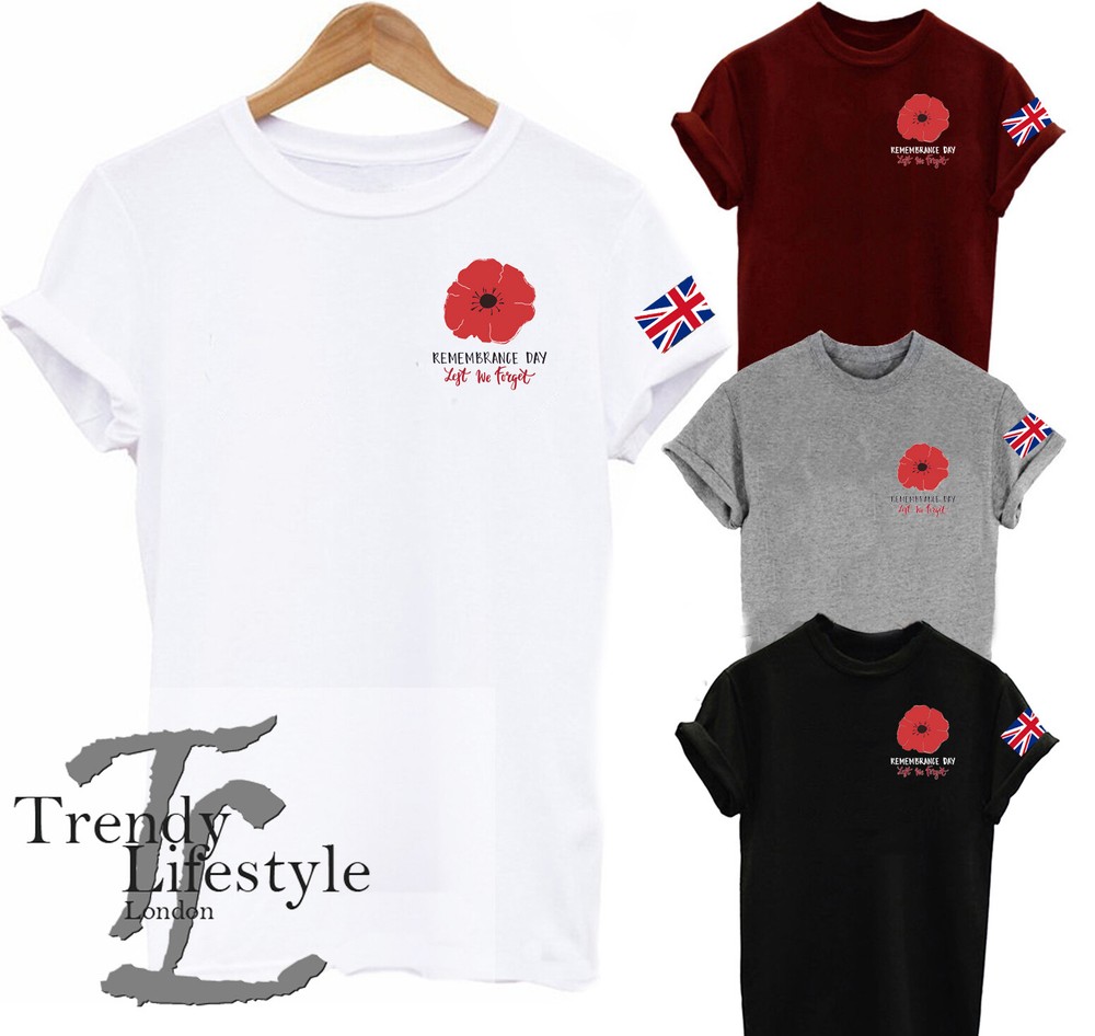 REMEMBRANCE DAY LEST WE FORGET PKT PRINT POPPY UK FLAG UNISEX MENS KIDS T-SHIRT