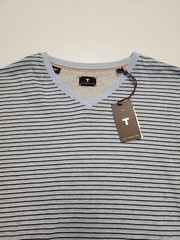 $115 New LEFT COAST TEE V-Neck Shirt S/S Cotton Men LARGE L Blue Gray STRIPED