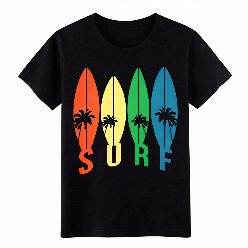 Colorful Surfboard Palm Tree Surf Graphic Cotton Unisex Summer Beach T-Shirt