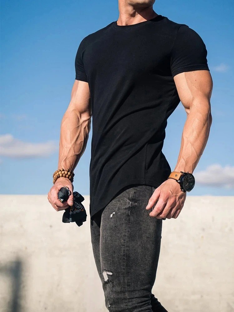 Men Muscle Fitness T-Shirt Summer Cotton Gym Workout Short Sleeve Top