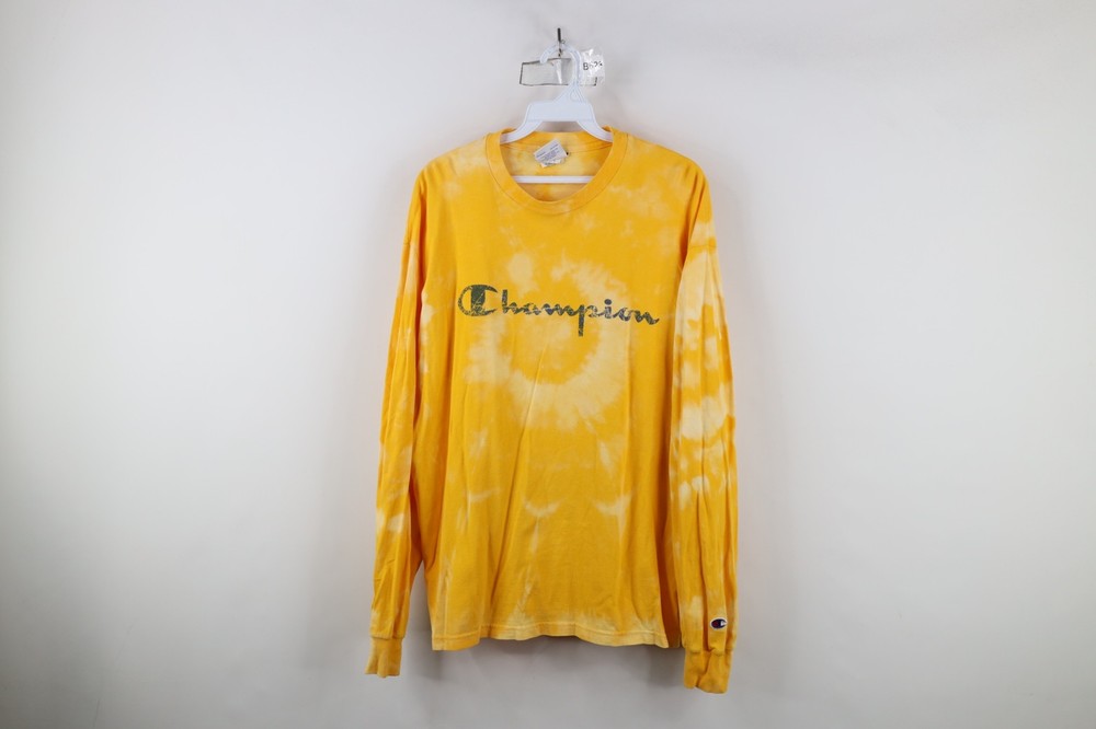 Vintage 90s Champion Mens Large Spell Out Acid Wash Long Sleeve T-Shirt Yellow