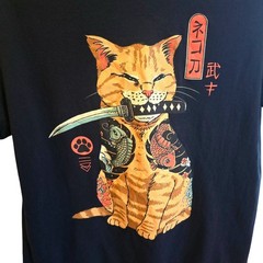 Threadless Shirt M Vincent Trinidad Tattoo Cat Katana Samurai Black Graphic Tee