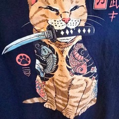 Threadless Shirt M Vincent Trinidad Tattoo Cat Katana Samurai Black Graphic Tee