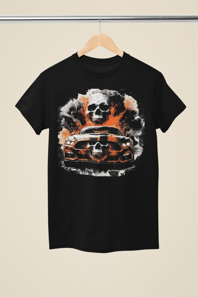 Unisex Petrol Head Skull Car Design Printed Black T-Shirt (SK 01)