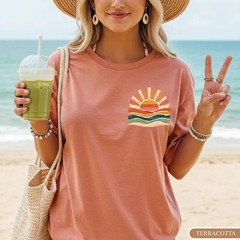 Retro Sun Waves Pocket Print Shirt Vintage Coastal Aesthetic Boho Tee