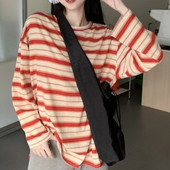 Korean Fashion Women’s Loose Striped Blouse Long Sleeve Crew Neck Streetwear