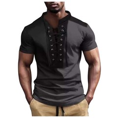 Men’s New Summer Color Contrast Small Stand Lace Up Short Sleeved Top Men’s T