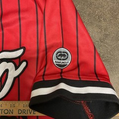 Marc Ecko Jersey T Shirt Mens S Red Black Vertical Stripe Heavy Fabric Print