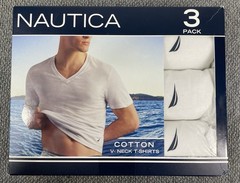 NAUTICA Men’s MEDIUM Pack of 3 White Tagless V-Neck T-Shirts New in Box