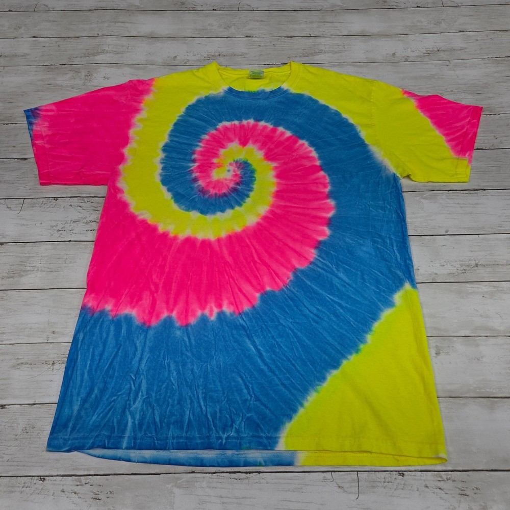 Port & Company T-Shirt Mens Large Multi-Color Tie-Dye Spiral Neon Retro Tee