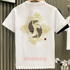 Men’s Luxury Koi Fish Embroidered Cotton T-Shirt Casual Short Sleeve Slim Fit Te