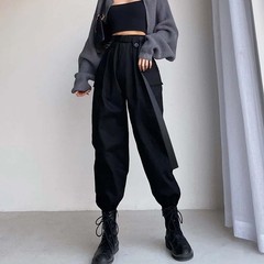 High Waist Solid Color Large Pocket Cargo Pants Women Loose Bundle Foot Ribbon