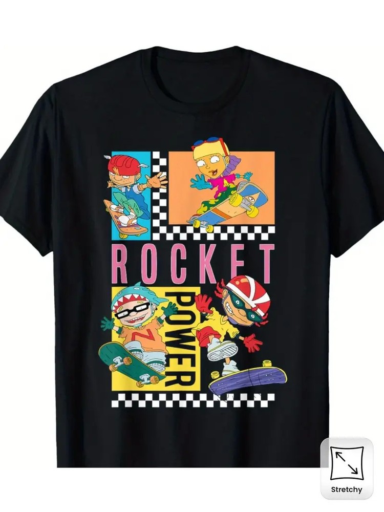 1pc Men’S Rocket Power Graphic Tee, 180gsm Cotton Crew Neck T-Shirt with Slight