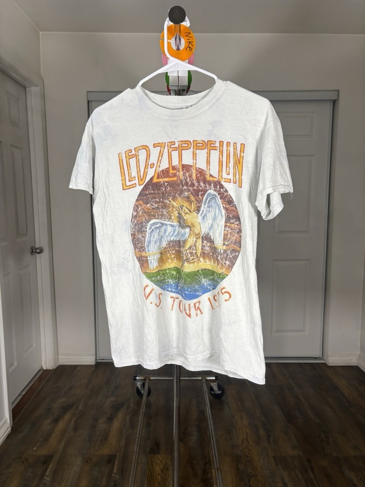 Led Zeppelin U.S. Tour 1975 Graphic Logo Unisex White Crew Neck Tee S/M
