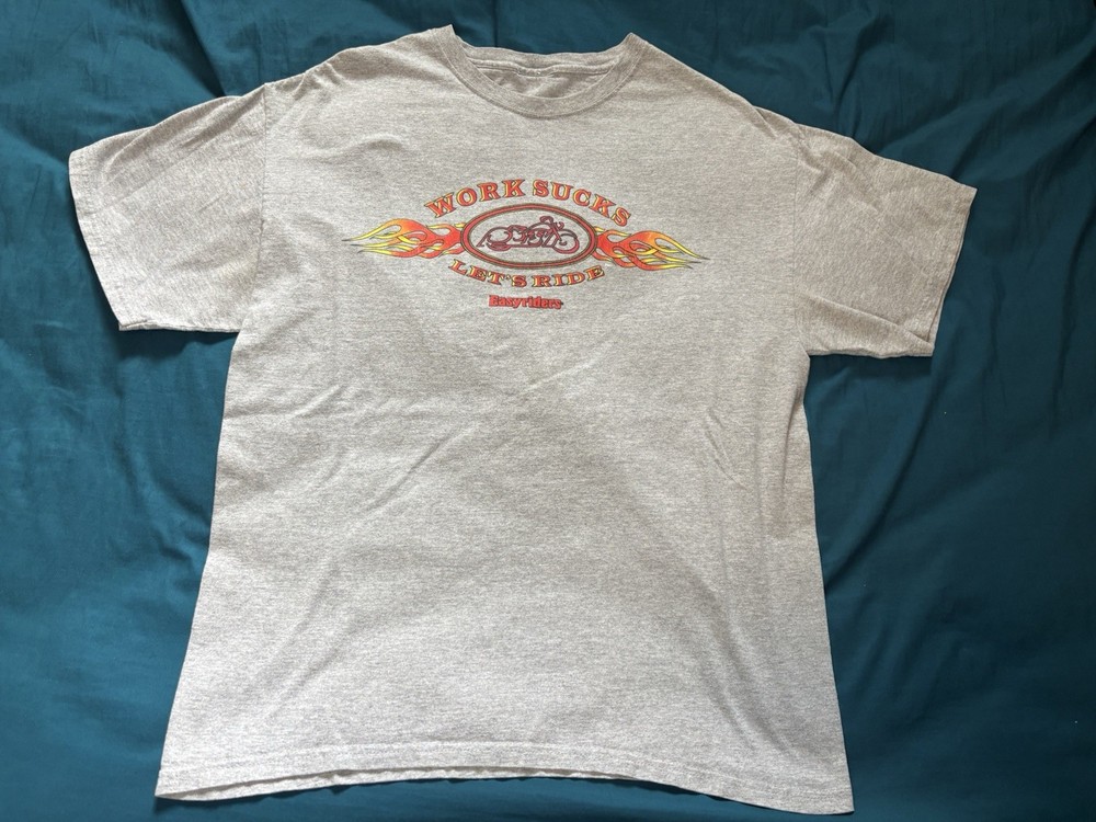 Vintage Easy Riders Shirt Mens Medium Gray Work Sucks Let’s Ride Flames Y2K