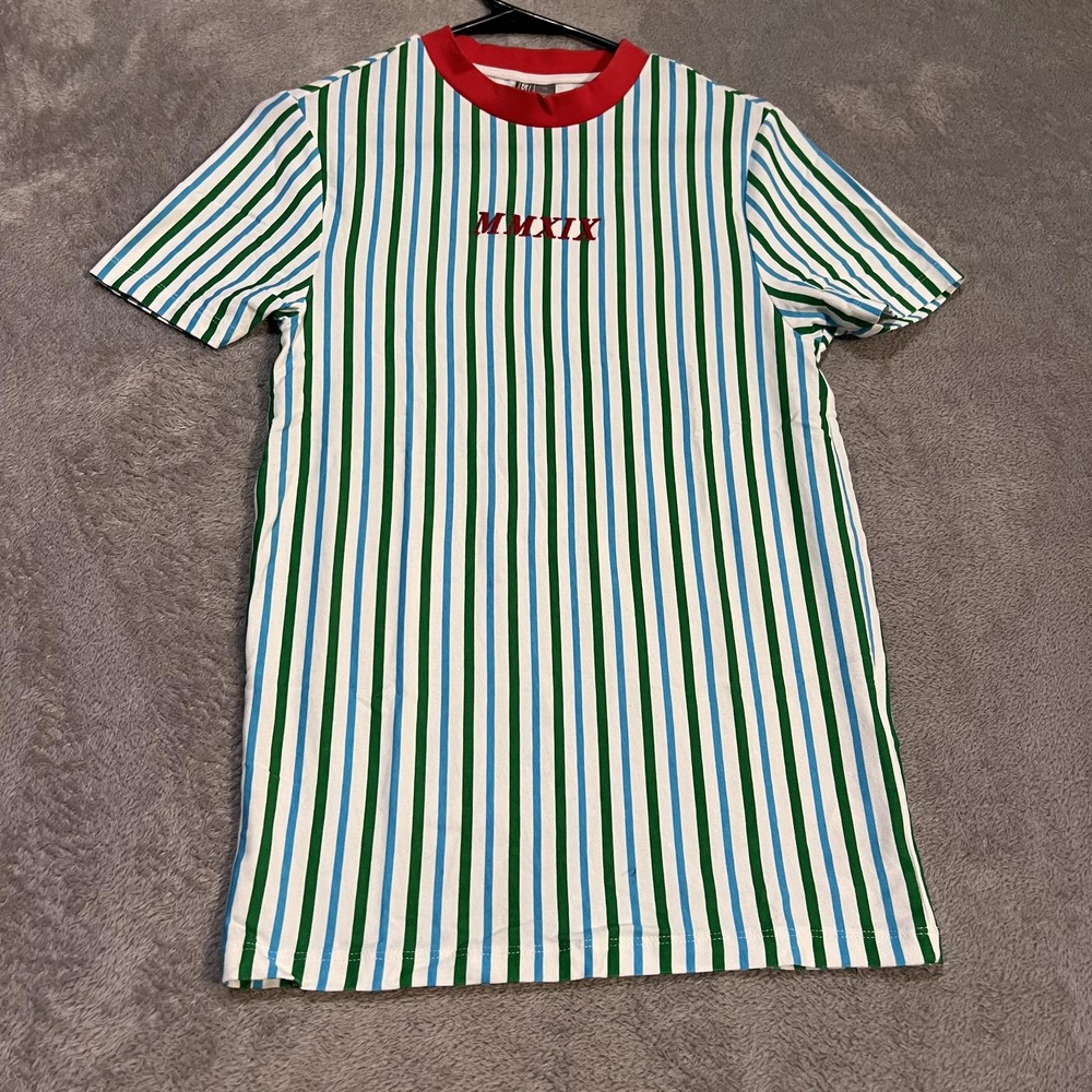 ASOS Shirt Mens XS Multicolor Stripe MMXIX Embroidered Crewneck Roman Numeral