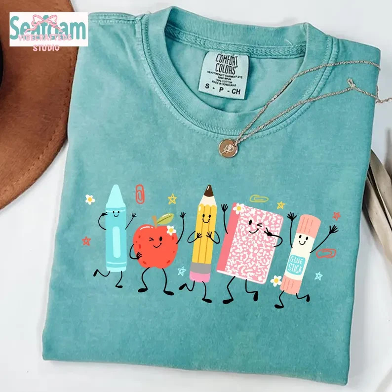 Cute Happy School Supplies Shirt Back To School Teacher Appreciation Graphic Tee