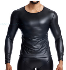 Men’s Round Neck Long Sleeve PU Leather T-shirt Party Club Pullovers Tops Casual