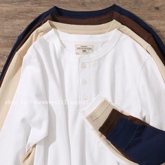 Mens Long Sleeve Shirts Soild Color Heavy Cotton Retro Casual T-Shirts