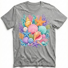 Colorful Seashells Coral Starfish T-Shirt Ocean Beach Summer Tee