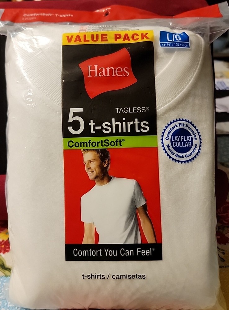 Hanes Men’s 5-Pack Cotton Tagless, Lay-Flat Collar T-Shirts, Size L White 2135P5